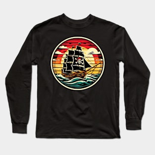 Retro Pirate Ship Colorful Sunset Jolly Roger Graphic Long Sleeve T-Shirt